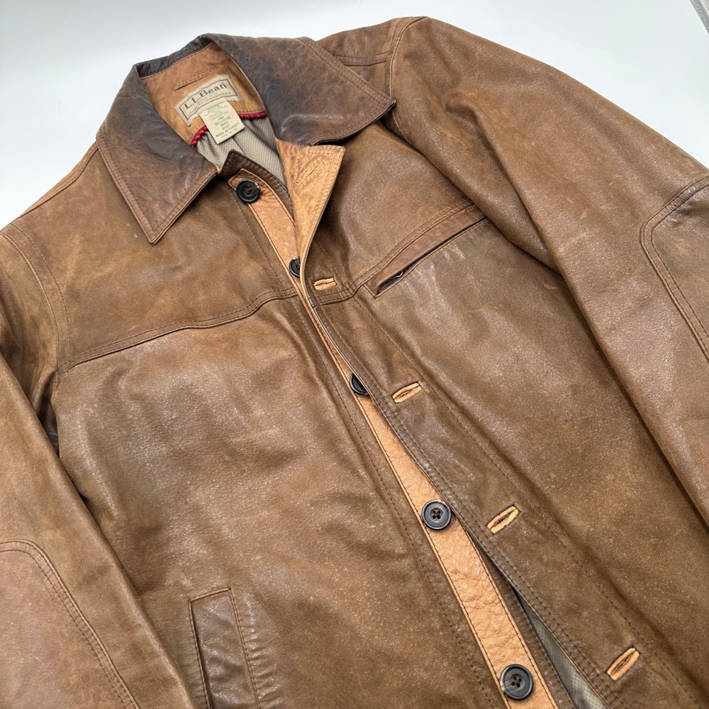 Vintage LL Bean Leather Jacket Mens M Brown Distressed Barn Chore Made Turkey